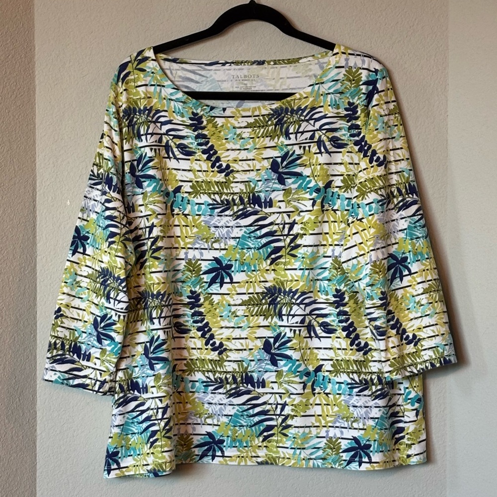 Talbots 3X Tropical Leaf Boat Neck Top Blue Green Cotton Stretch